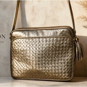 Ganson Crossbody Bag Woven Intrecciato Leather Metallic Bronze 90s Vintage